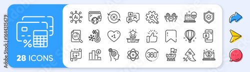 Bitcoin, Atom and Approved shield line icons. Interest rate, AI generate, Inflation icons. Pack of Safe time, Air balloon, Ab testing icon. Decreasing graph, Thoughts, Support chat pictogram. Vector