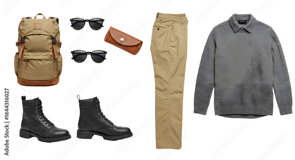 Naklejka premium LIFESTYLE - Casual travel outfit and accessories with khaki pants, grey sweater, black boots, beige backpack, and sunglasses on white background