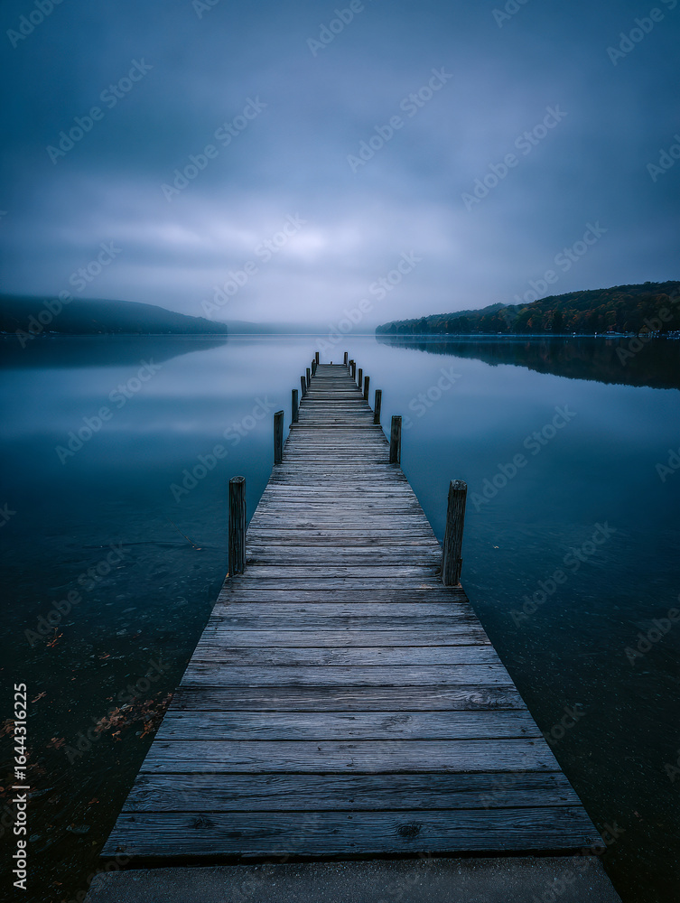 Obraz premium A tranquil lakeshore scene with a long wooden dock, still waters, and soft mist rising at sunrise. Photorealistic rendering emphasizes natural beauty and the calm serenity of early morning.