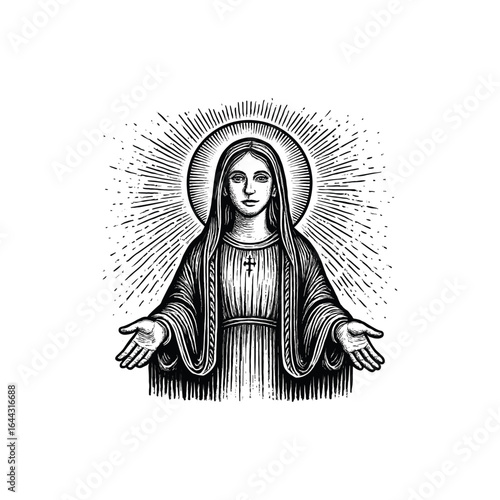 Engraving of Vintage Virgin Mary, drawn in an engraved, woodcut style with fine details sketch engraving vector illustration. Scratch board imitation