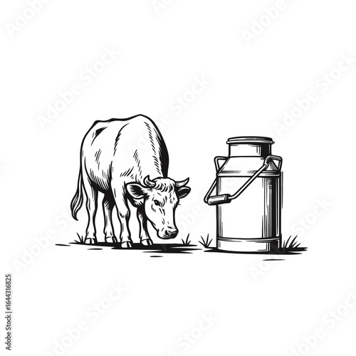 Engraving of Cow and Milk Can, drawn in an engraved, woodcut style with fine details sketch engraving vector illustration. Scratch board imitation