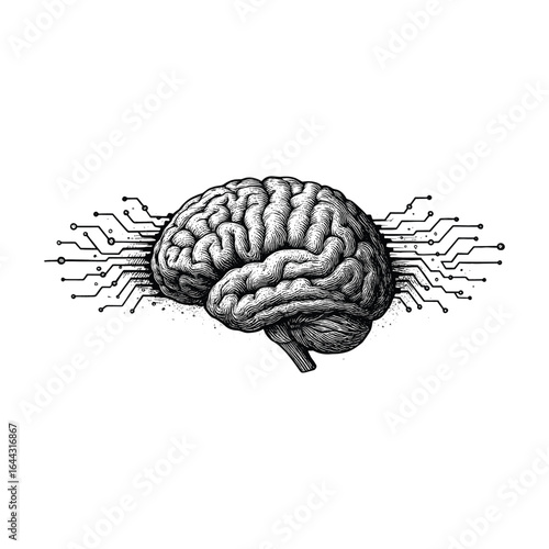 Engraving of Bionic Brain with Circuitry, drawn in an engraved, woodcut style with fine details sketch engraving vector illustration. Scratch board imitation