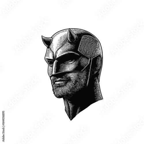 Engraving of Masked Man with Horns, drawn in an engraved, woodcut style with fine details sketch engraving vector illustration. Scratch board imitation