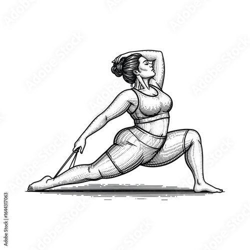 Engraving of Woman Doing Yoga, drawn in an engraved, woodcut style with fine details sketch engraving vector illustration. Scratch board imitation