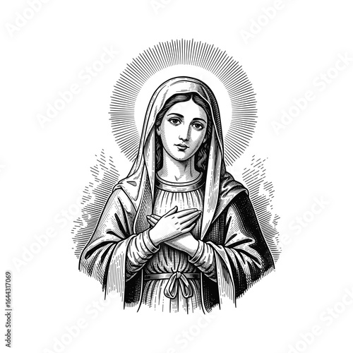Engraving of Virgin Mary, drawn in an engraved, woodcut style with fine details sketch engraving vector illustration. Scratch board imitation