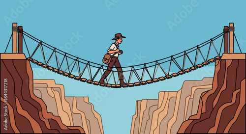 A lone explorer cautiously crosses a precarious rope bridge spanning a deep canyon.