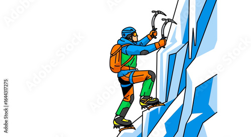 Ice climber ascends a steep icy cliff face using ice axes and crampons.