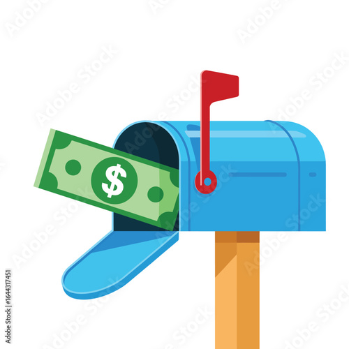 Blue mailbox with money coming out on white background