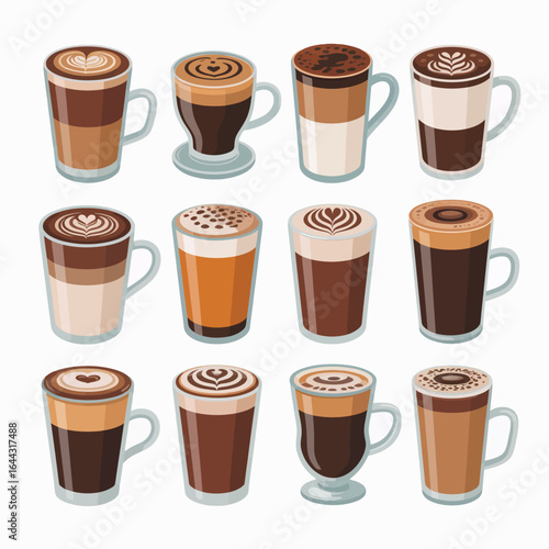 Collection of twelve delicious coffee drinks in glass cups and mugs