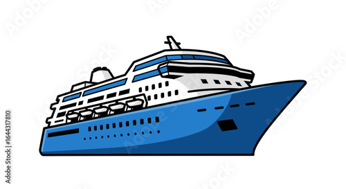 Cartoon illustration of a large cruise ship, front view, outlined in black.