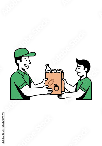 A delivery person hands a grocery bag filled with food items to a customer.