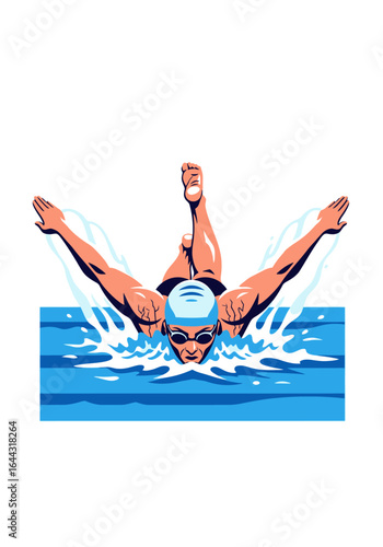 A swimmer performs the butterfly stroke, propelling through water with powerful movements.