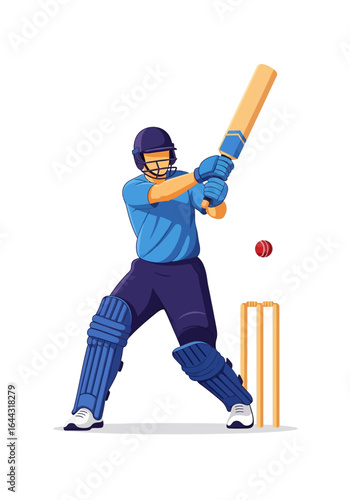 A cricket batsman in blue uniform swings a bat at a red ball near the wickets.