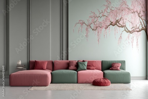 Modern living room with a muted color palette and a cherry blossom mural