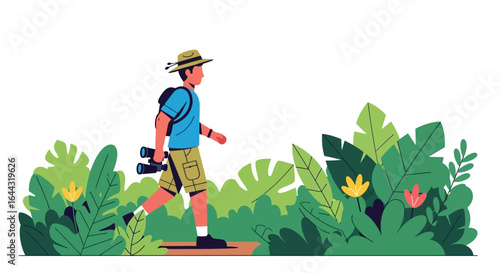 A hiker explores lush, tropical foliage, carrying binoculars.