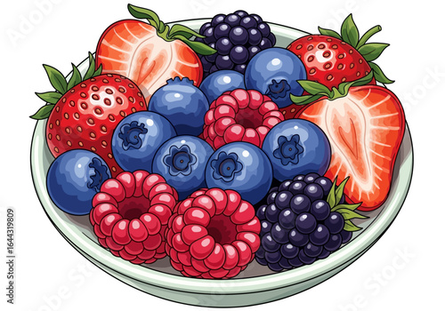 A vibrant bowl overflowing with fresh strawberries, blueberries, raspberries, and blackberries.