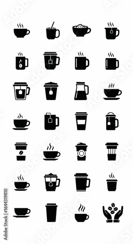 A diverse set of black silhouette glyph icons for coffee and tea featuring various mugs cups travel tumblers and steaming hot beverages.