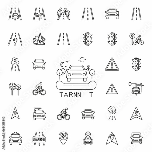 A diverse set of thin line icons for road transport traffic and navigation featuring cars signs and routes.