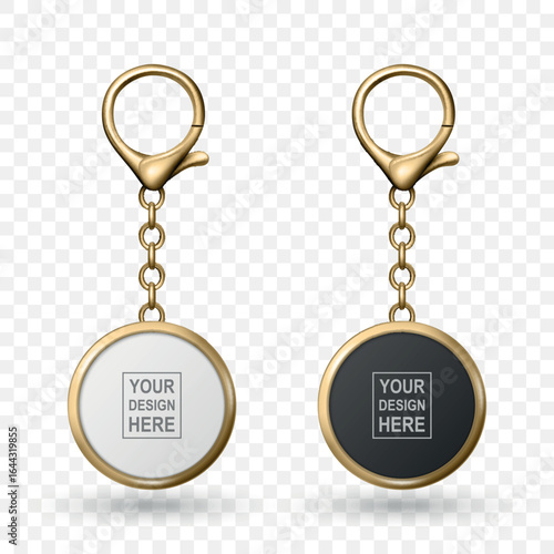 Vector Keychain Icon Set, Isolated. Realistic Round Keychain Design for Branding. Blank Keychain Mockup for Logo. Luxury Metallic Keychain Template for Custom Accessory Design