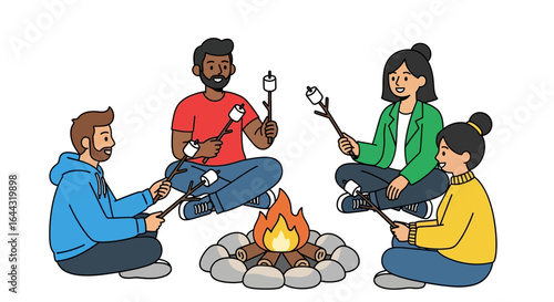 Four friends sit around a campfire roasting marshmallows, enjoying the warmth and company.