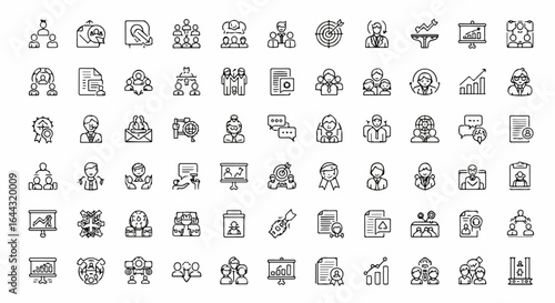 Handdrawn business management and HR icon set Black and white line art symbols for teamwork leadership and corporate concepts.