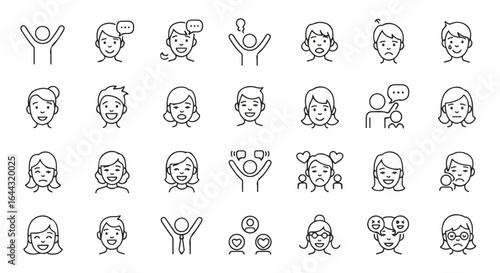 Human emotions and social interactions line icon set Minimalist avatars with diverse expressions like joy sadness and communication symbols.