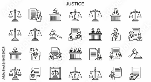 Justice and law thin line icon set Collection of legal system symbols including scales gavel judge jury and courtroom pictograms.
