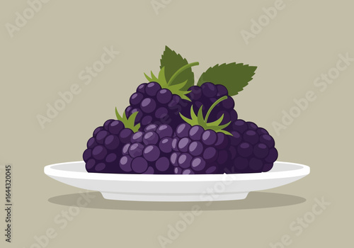 A cluster of ripe blackberries rests on a simple white plate, showcasing their dark purple hue and natural texture.