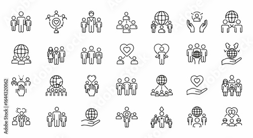 People and community line icon set Icons for teamwork society global connection family relationships leadership and social responsibility.