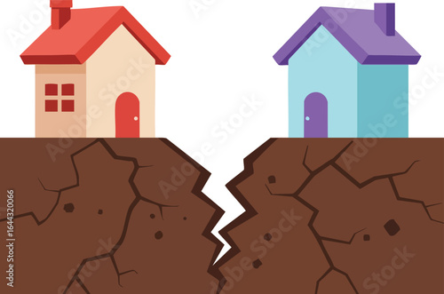 Two houses separated by cracked ground symbolizing earthquake damage and natural disaster impact vector illustration 