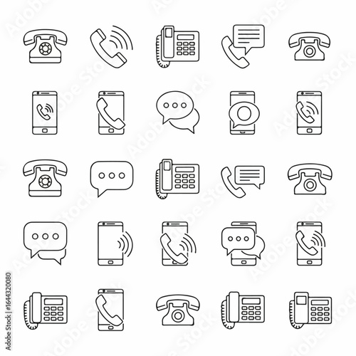 Set of black line art icons for communication including rotary phones smartphones office landlines and message bubbles.