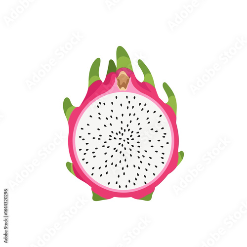 A vibrant, stylized illustration of a halved dragon fruit, showcasing its white flesh, black seeds, and pink and green outer skin.