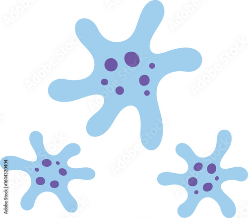 Blue microscopic amoeba cells with purple spots vector illustration showing single-celled organism shapes and details