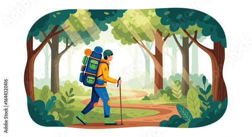 A hiker with a large backpack walks along a winding path through a lush green forest, bathed in sunlight.