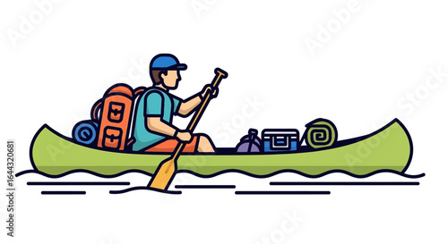 A person paddles a canoe across water, carrying camping gear.