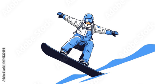 Cartoon illustration of a snowboarder in blue and white gear performing a jump against a white background.