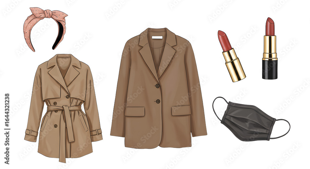 Naklejka premium LIFESTYLE - Flat lay of trendy women's fashion items including beige trench coats, lipstick, face mask, and pink hairband on white background
