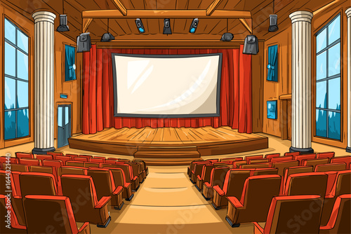 Theatrical Stage with Red Curtains and Comfortable Seating