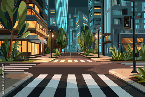Nighttime Cityscape with Crosswalk and Modern Skyscrapers