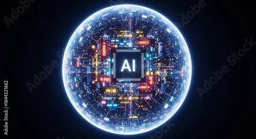 Futuristic AI Globe with Glowing Circuits and Data Streams on Black Background