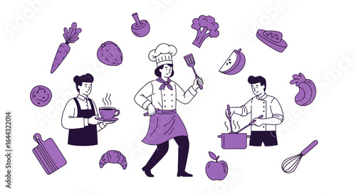 Culinary Teamwork Illustration Featuring Chefs, Ingredients, and Kitchen Tools. Ideal for showcasing restaurant, cooking classes, or food-related business promotions.