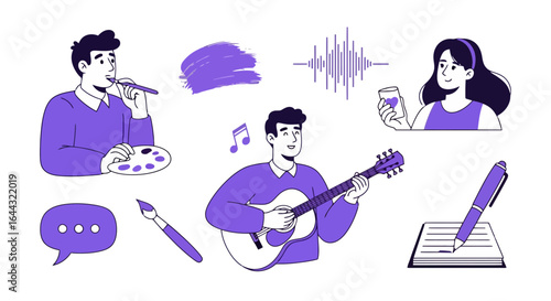 Diverse Creative Talents and Artistic Expressions Showcased in Vector Illustration for Art Education and Creative Industry Promotion