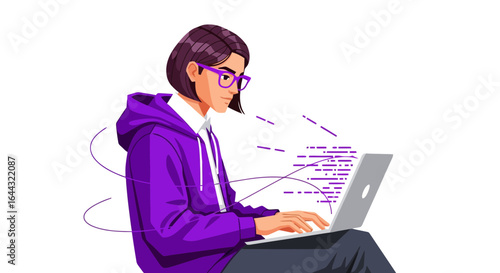 Focused young woman coding on laptop, illustrating software development, and remote work, suitable for IT companies, tech blogs, and educational materials.