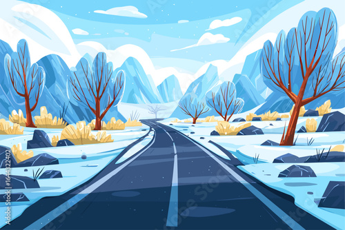 Winter Landscape with Snowy Road and Mountains
