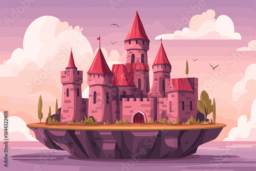 Fantasy Castle on Floating Island with Colorful Sky
