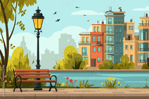 Serene City Park Scene with Colorful Buildings and Reflections