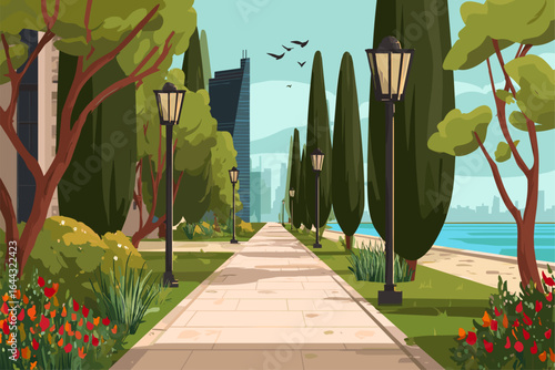 Scenic Park Pathway with Lanterns and City Skyline in Background