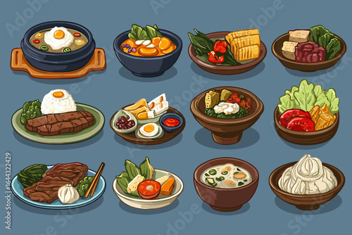 Collection of Delicious Asian Dishes in Illustrative Style for Culinary Illustrations