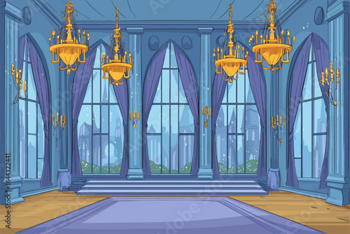 Elegant Blue Ballroom Interior with Chandeliers and Dramatic Windows