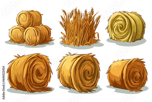 Vector Illustrations of Hay Bales and Wheat Bundles in Vibrant Colors